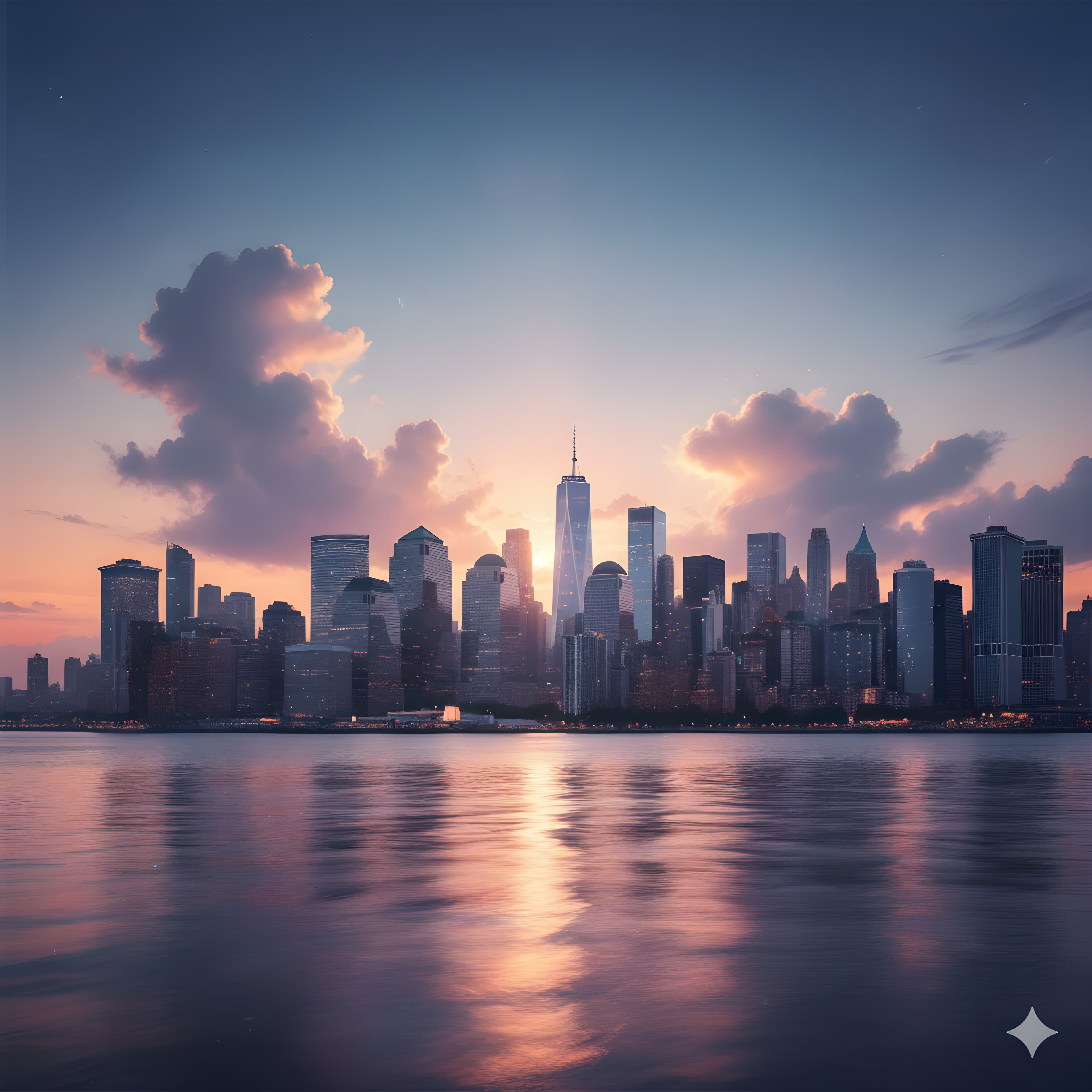 Lower Manhattan skyline at dusk